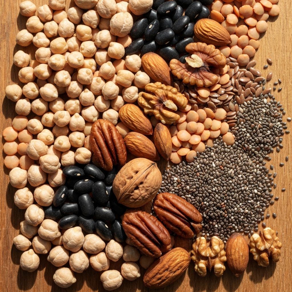 Close-up of protein-rich foods on wooden surface
