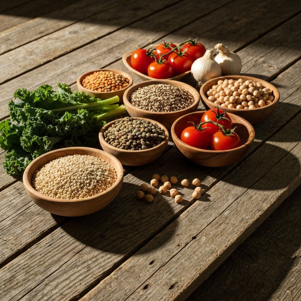 Whole foods arranged on weathered wooden surface
